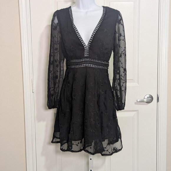 Double Crazy Black Embroidered Sheer Long Sleeve Mini Dress – Small - Picture 1 of 3